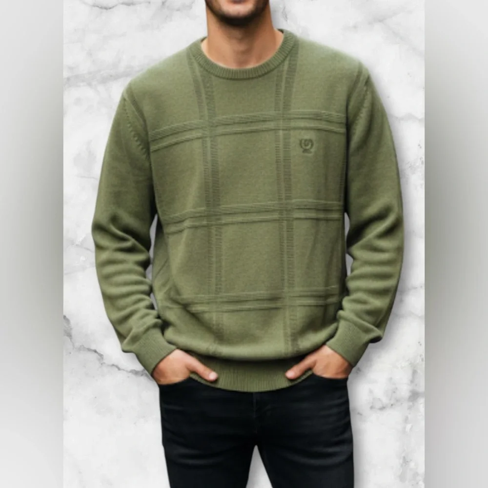 IZOD Olive Green Textured Crewneck Windowpane Sweater Classic Fit Size XL - Picture 7 of 10